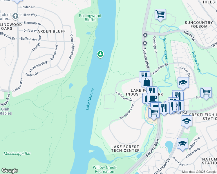 map of restaurants, bars, coffee shops, grocery stores, and more near 150 Parkshore Drive in Folsom