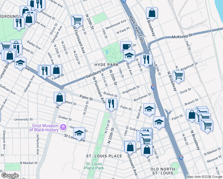map of restaurants, bars, coffee shops, grocery stores, and more near 2024 Destrehan Street in St. Louis