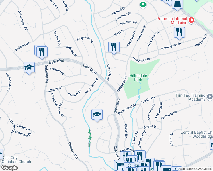map of restaurants, bars, coffee shops, grocery stores, and more near 4521 Dale Boulevard in Woodbridge