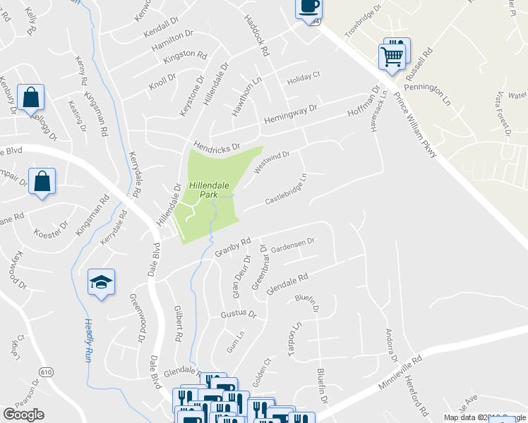map of restaurants, bars, coffee shops, grocery stores, and more near 13591 Castlebridge Lane in Woodbridge
