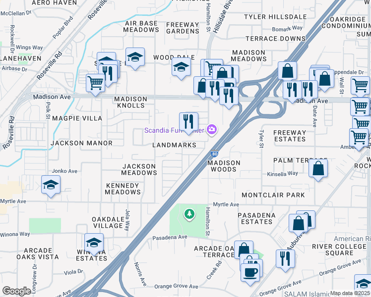 map of restaurants, bars, coffee shops, grocery stores, and more near 4202 Ticonderoga Lane in North Highlands