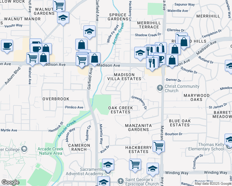 map of restaurants, bars, coffee shops, grocery stores, and more near 5050 Rhode Island Drive in Sacramento