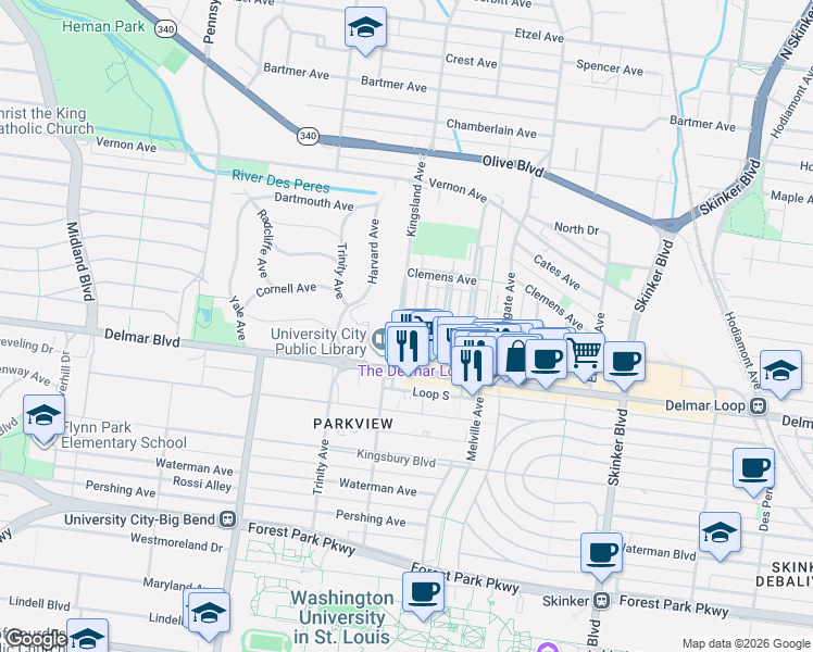 map of restaurants, bars, coffee shops, grocery stores, and more near 722 Kingsland Avenue in St. Louis