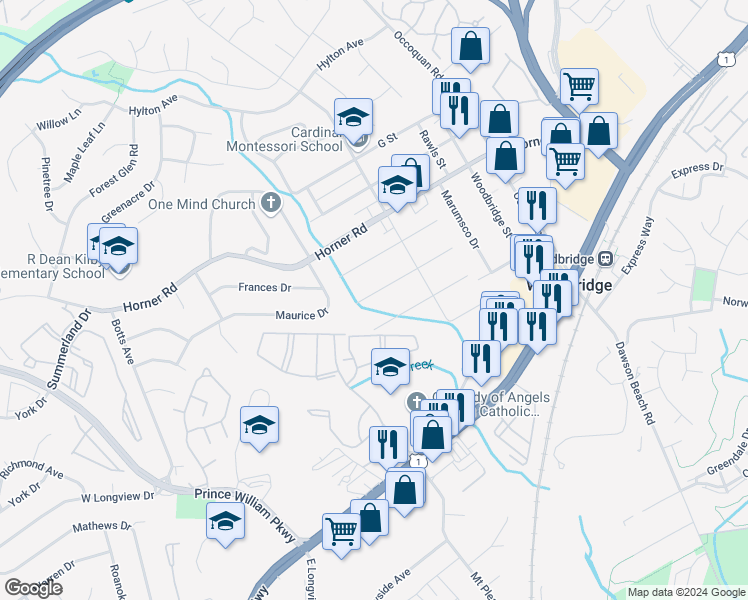 map of restaurants, bars, coffee shops, grocery stores, and more near 1421 D Street in Woodbridge