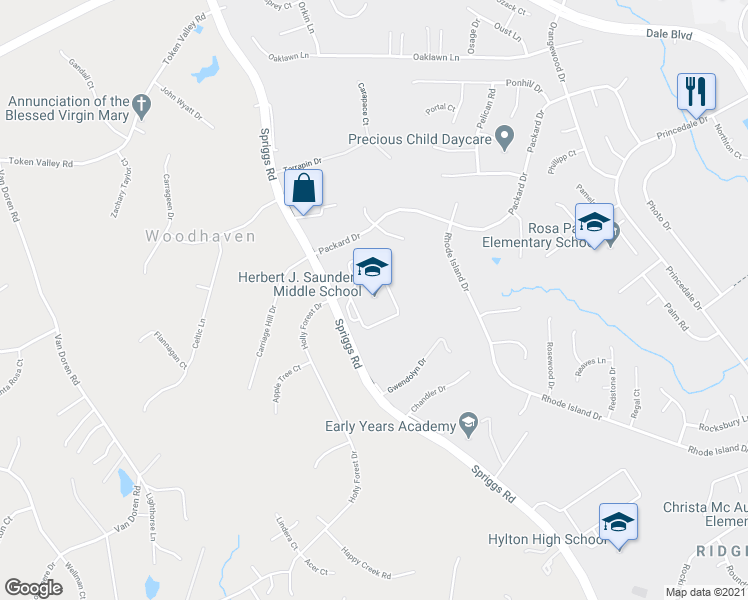 map of restaurants, bars, coffee shops, grocery stores, and more near 13557 Spriggs Road in Manassas