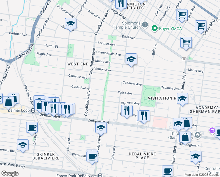 map of restaurants, bars, coffee shops, grocery stores, and more near 5665 Cates Avenue in St. Louis