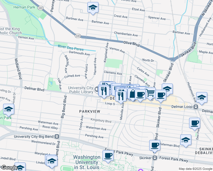 map of restaurants, bars, coffee shops, grocery stores, and more near 727 Syracuse Avenue in University City