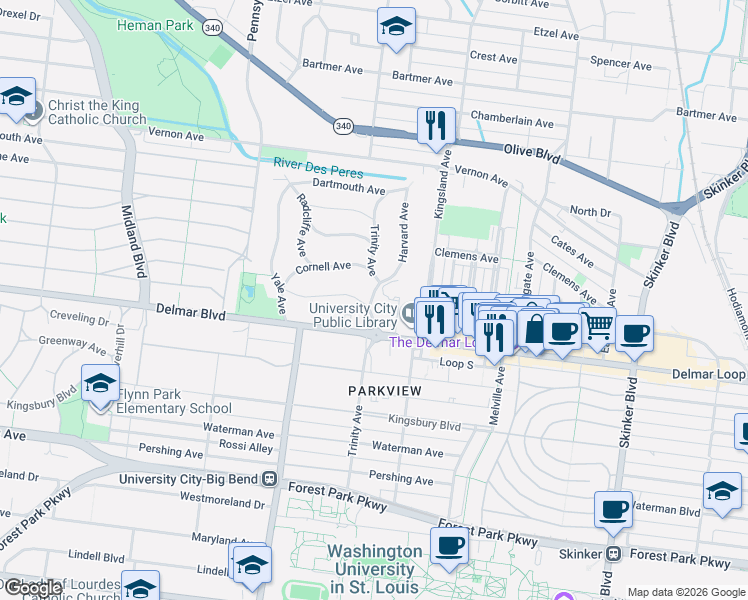 map of restaurants, bars, coffee shops, grocery stores, and more near 722 Kingsland Avenue in St. Louis