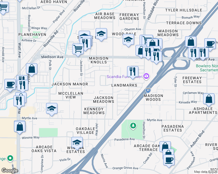 map of restaurants, bars, coffee shops, grocery stores, and more near 5017 Harrison Street in North Highlands