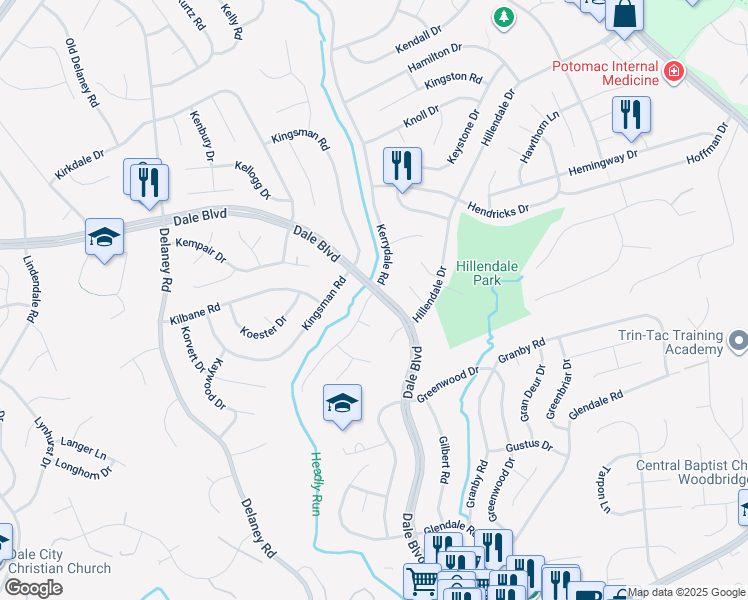 map of restaurants, bars, coffee shops, grocery stores, and more near 4521 Dale Boulevard in Woodbridge