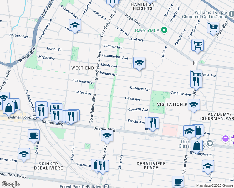 map of restaurants, bars, coffee shops, grocery stores, and more near 5665 Cates Avenue in St. Louis