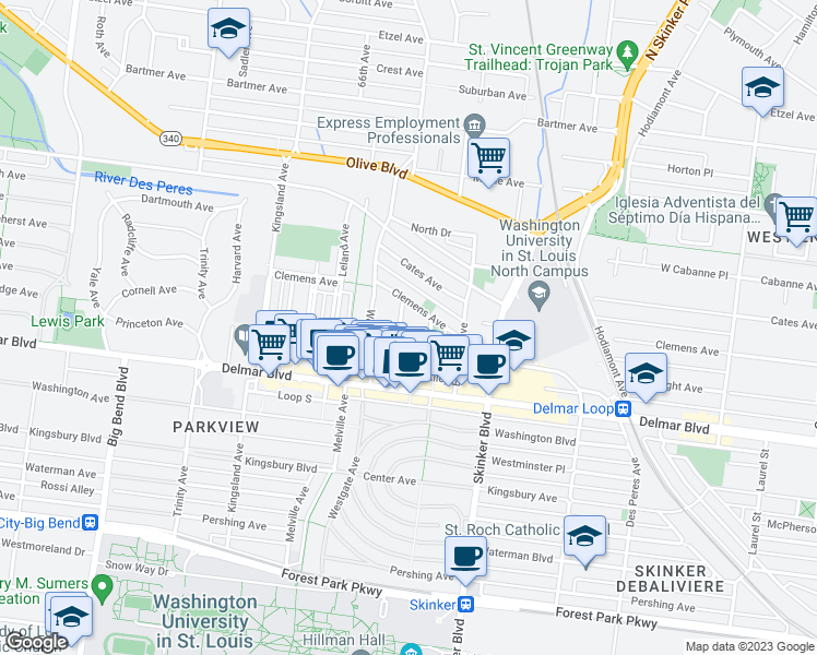 map of restaurants, bars, coffee shops, grocery stores, and more near in University City