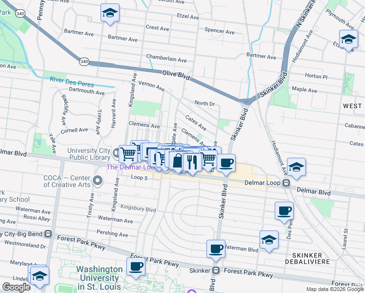 map of restaurants, bars, coffee shops, grocery stores, and more near in University City