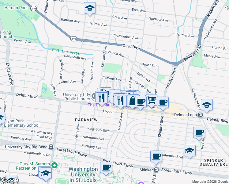 map of restaurants, bars, coffee shops, grocery stores, and more near 735 Leland Avenue in University City