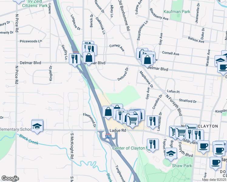 map of restaurants, bars, coffee shops, grocery stores, and more near 4 Delcrest Court in St. Louis