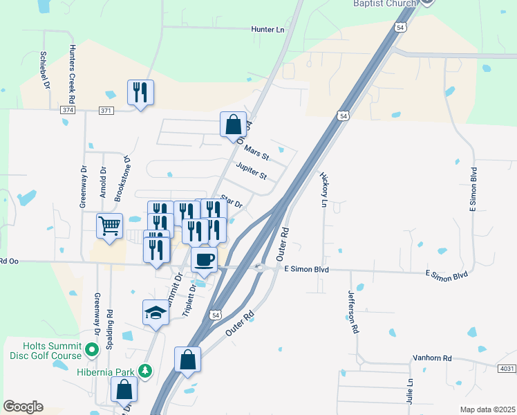 map of restaurants, bars, coffee shops, grocery stores, and more near East Simon Boulevard in Holts Summit