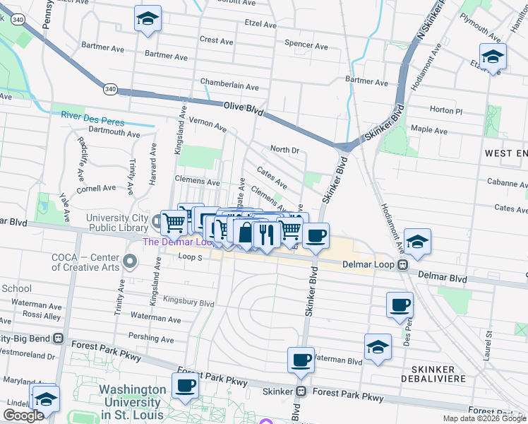 map of restaurants, bars, coffee shops, grocery stores, and more near 726 Interdrive in Saint Louis