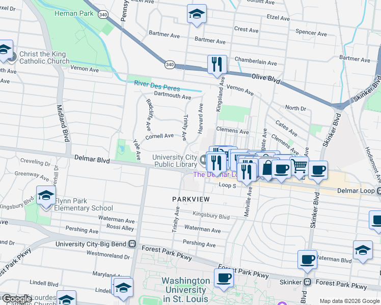 map of restaurants, bars, coffee shops, grocery stores, and more near 727 Syracuse Avenue in University City