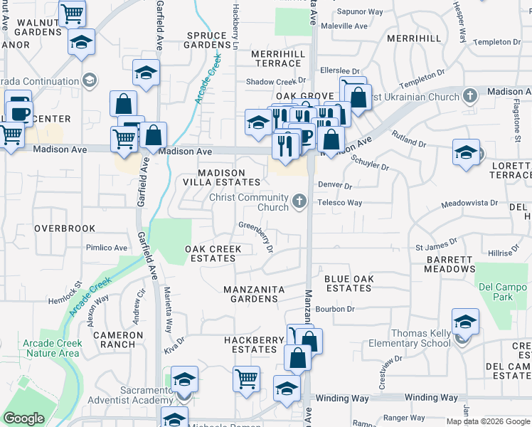 map of restaurants, bars, coffee shops, grocery stores, and more near 5136 Greenberry Drive in Sacramento
