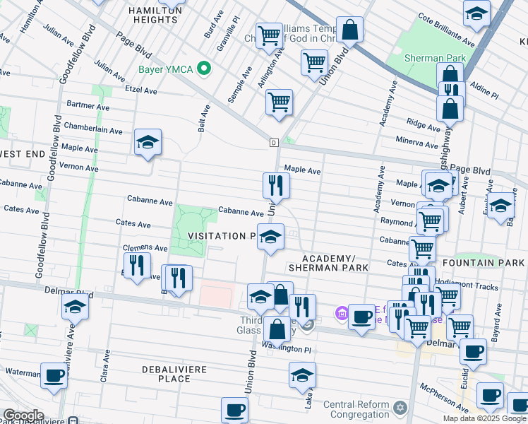 map of restaurants, bars, coffee shops, grocery stores, and more near 5309 Cabanne Avenue in St. Louis