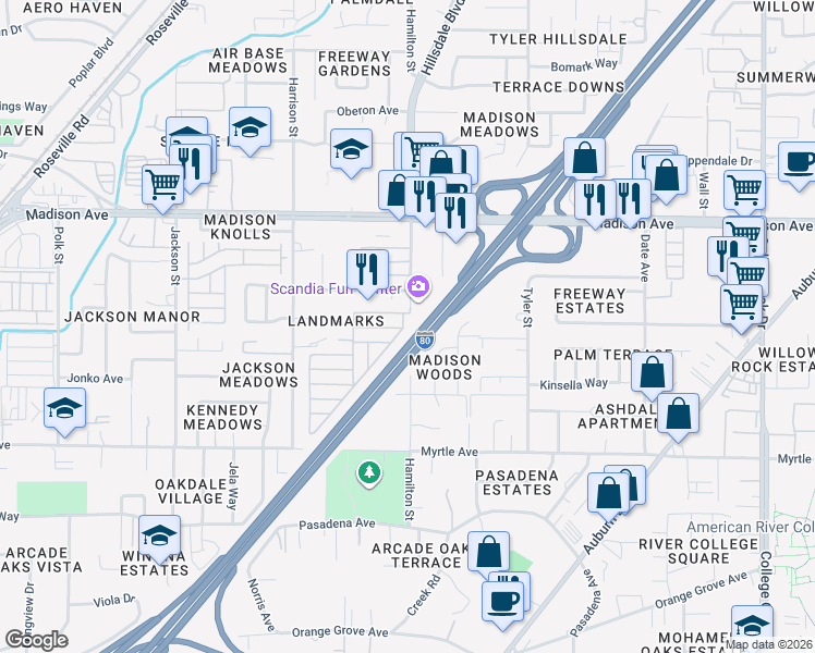 map of restaurants, bars, coffee shops, grocery stores, and more near 5060 Valley Forge Lane in North Highlands