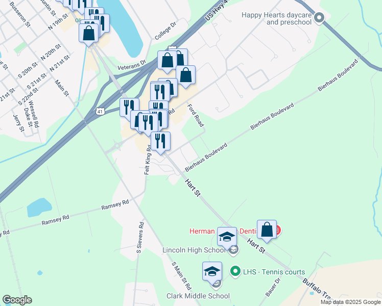 map of restaurants, bars, coffee shops, grocery stores, and more near 616 Bierhaus Boulevard in Vincennes