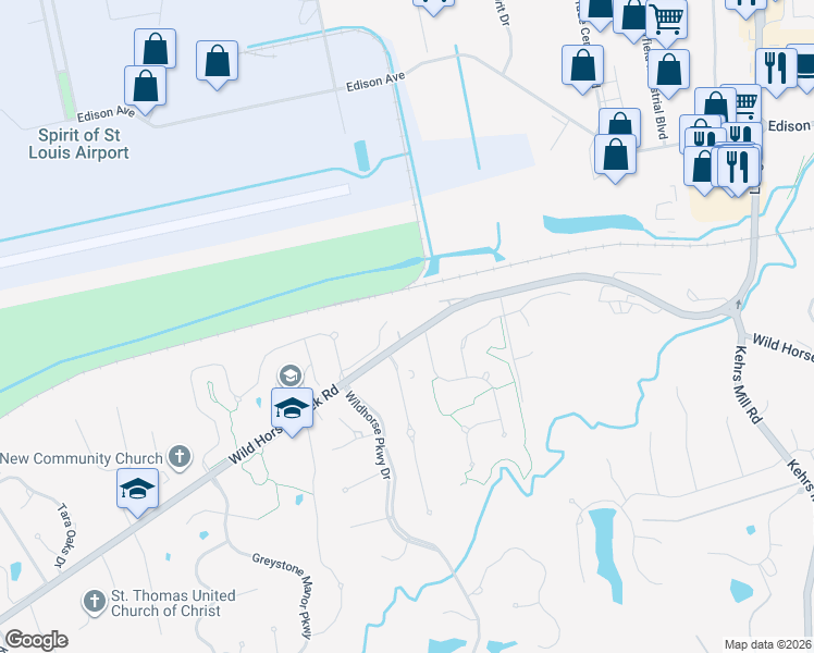 map of restaurants, bars, coffee shops, grocery stores, and more near 17549 Wild Horse Creek Road in Chesterfield