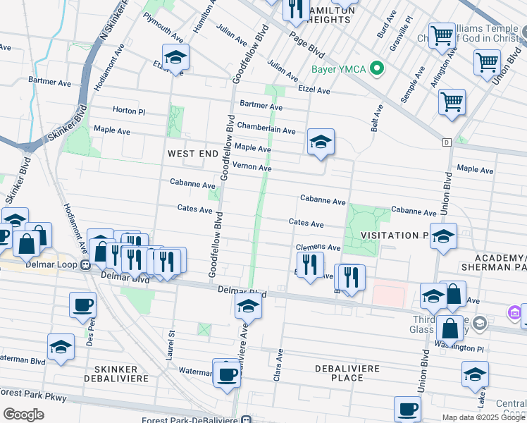 map of restaurants, bars, coffee shops, grocery stores, and more near 5665 Cates Avenue in St. Louis