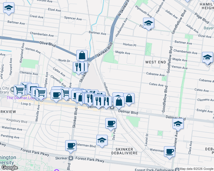 map of restaurants, bars, coffee shops, grocery stores, and more near 824 Hodiamont Avenue in St. Louis
