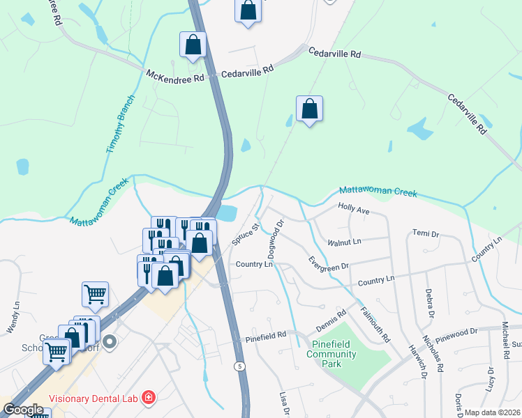 map of restaurants, bars, coffee shops, grocery stores, and more near 1011 Spruce Street in Waldorf