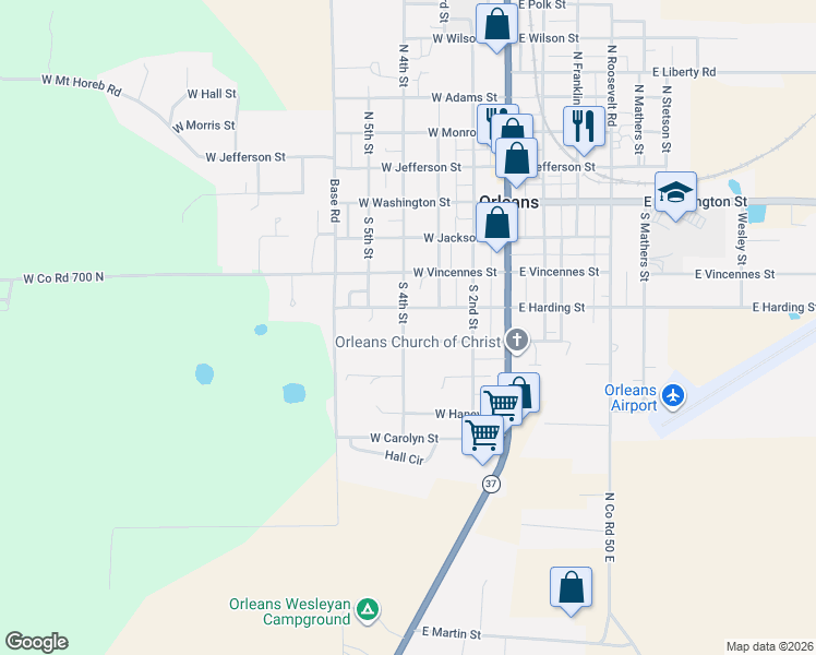 map of restaurants, bars, coffee shops, grocery stores, and more near 501-585 South 4th Street in Orleans