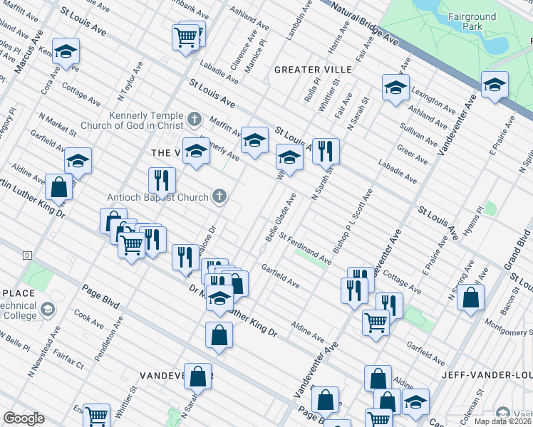 map of restaurants, bars, coffee shops, grocery stores, and more near 2510A Whittier Street in St. Louis