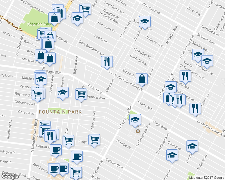 map of restaurants, bars, coffee shops, grocery stores, and more near 4596 Evans Avenue in St. Louis
