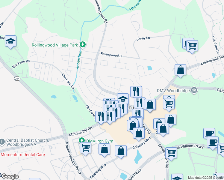 map of restaurants, bars, coffee shops, grocery stores, and more near 3257 Bethel Church Dr in Woodbridge