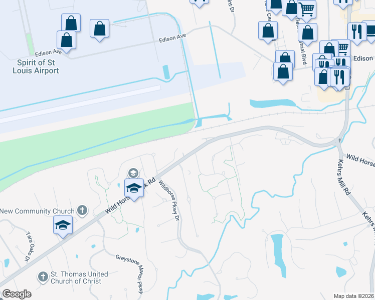 map of restaurants, bars, coffee shops, grocery stores, and more near 17549 Wild Horse Creek Road in Chesterfield