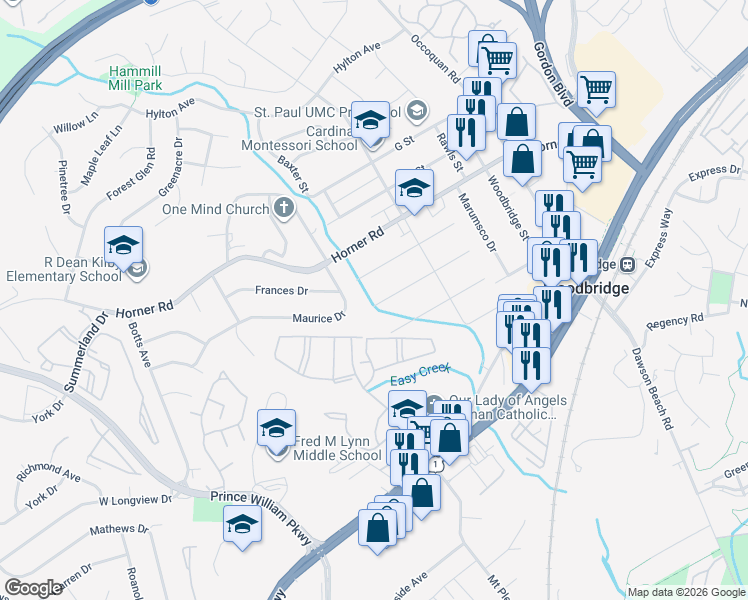map of restaurants, bars, coffee shops, grocery stores, and more near 1426 D Street in Woodbridge