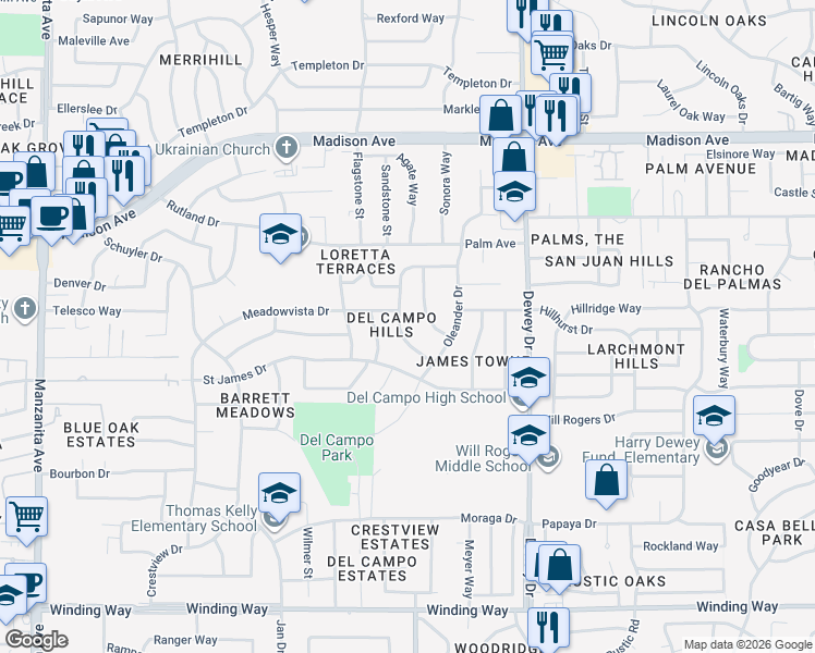 map of restaurants, bars, coffee shops, grocery stores, and more near 5131 Kipp Way in Carmichael