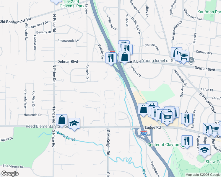 map of restaurants, bars, coffee shops, grocery stores, and more near 21 Willow Hill Road in St. Louis