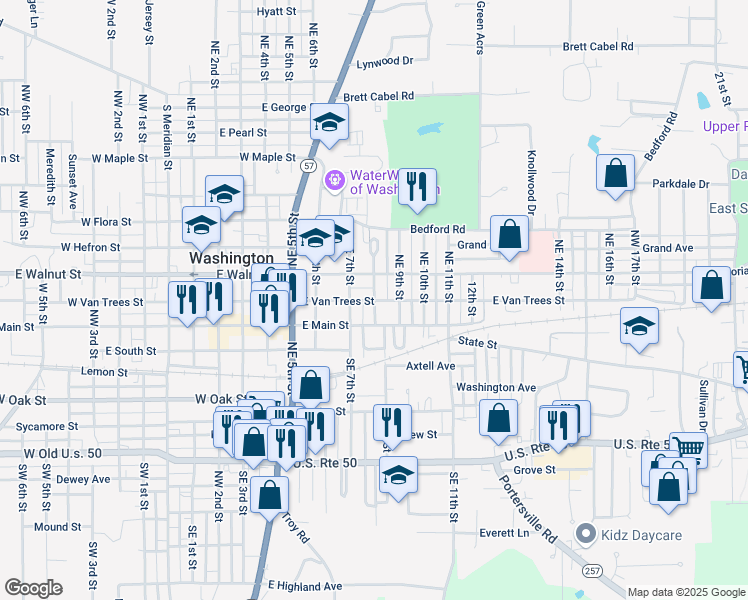 map of restaurants, bars, coffee shops, grocery stores, and more near 100 Northeast 8th Street in Washington