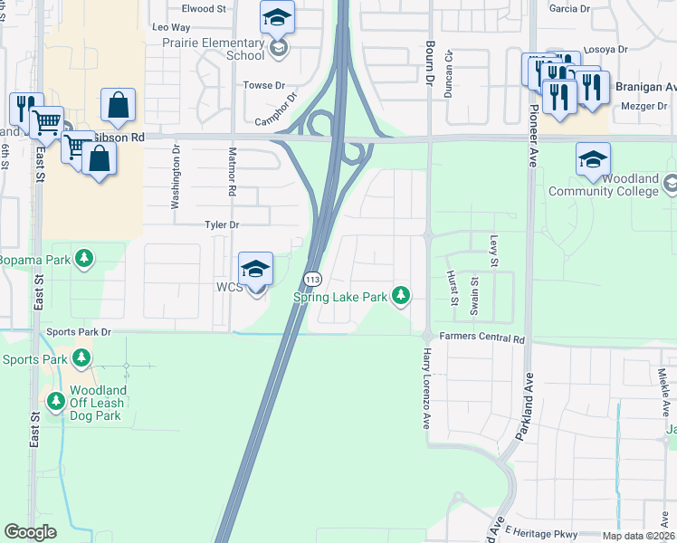 map of restaurants, bars, coffee shops, grocery stores, and more near 1437 Blanchard Drive in Woodland