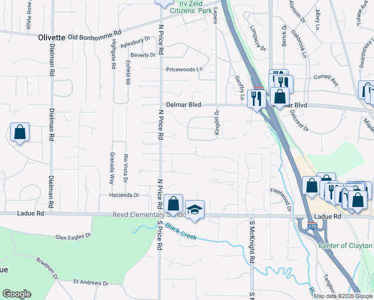 map of restaurants, bars, coffee shops, grocery stores, and more near 6 Little Lane in St. Louis