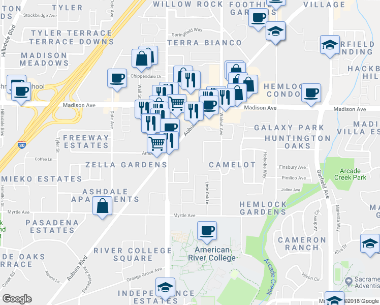 map of restaurants, bars, coffee shops, grocery stores, and more near 4976 Saddlerock Way in Sacramento