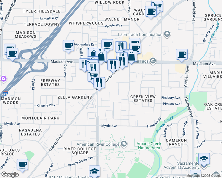 map of restaurants, bars, coffee shops, grocery stores, and more near 4976 Saddlerock Way in Sacramento