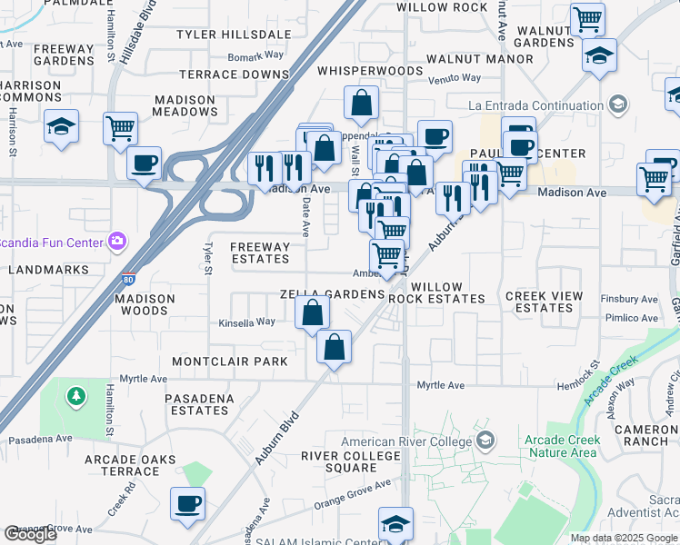 map of restaurants, bars, coffee shops, grocery stores, and more near 4735 Bremner Way in Sacramento