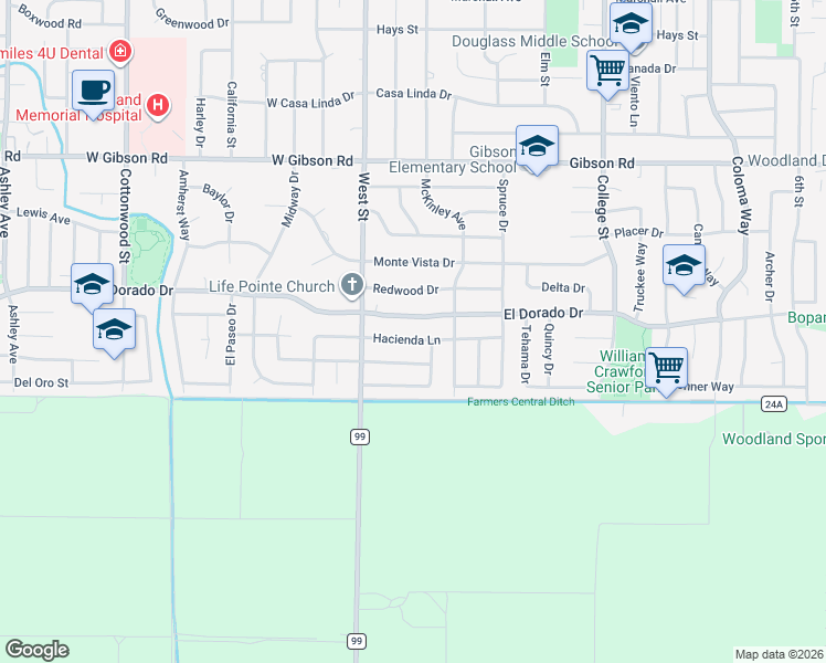 map of restaurants, bars, coffee shops, grocery stores, and more near 104 El Dorado Drive in Woodland
