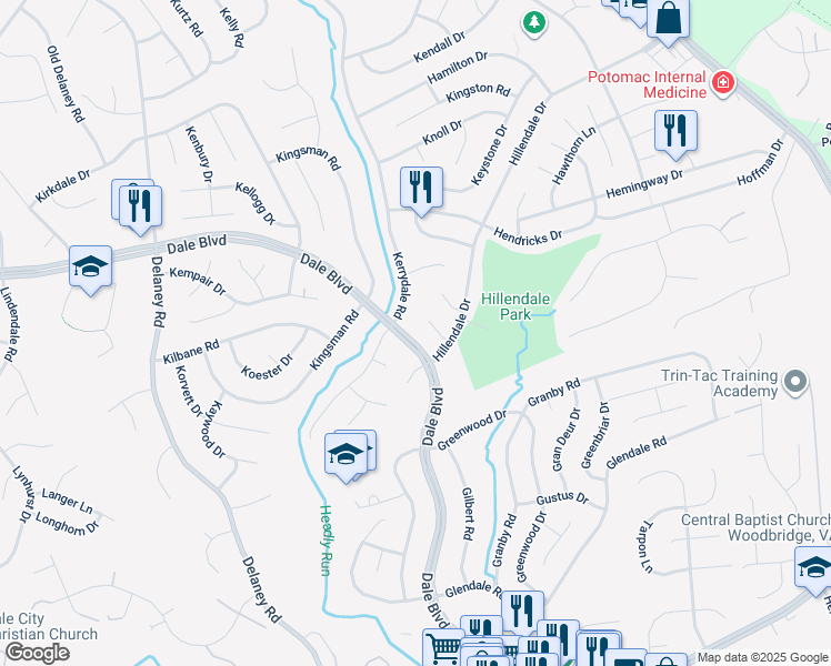 map of restaurants, bars, coffee shops, grocery stores, and more near 4516 Dale Boulevard in Woodbridge