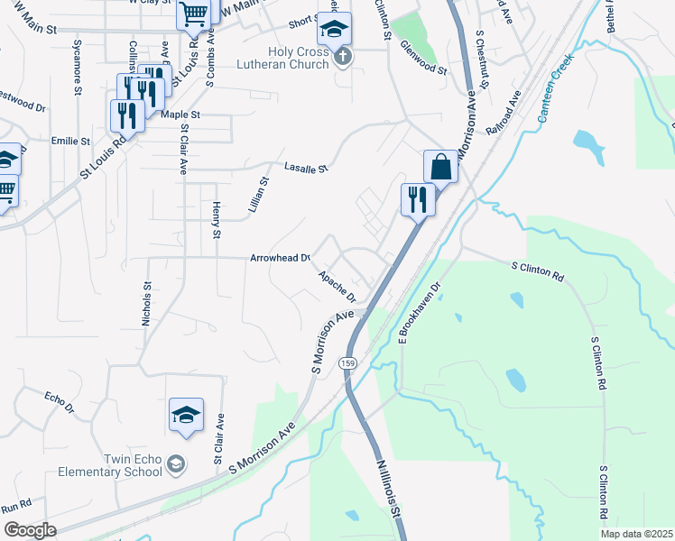 map of restaurants, bars, coffee shops, grocery stores, and more near 1002 Apache Drive in Collinsville