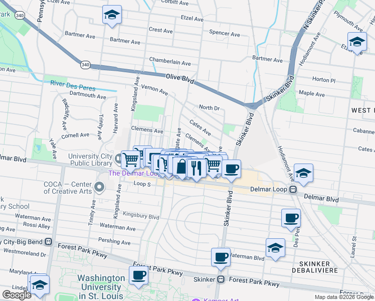 map of restaurants, bars, coffee shops, grocery stores, and more near in University City