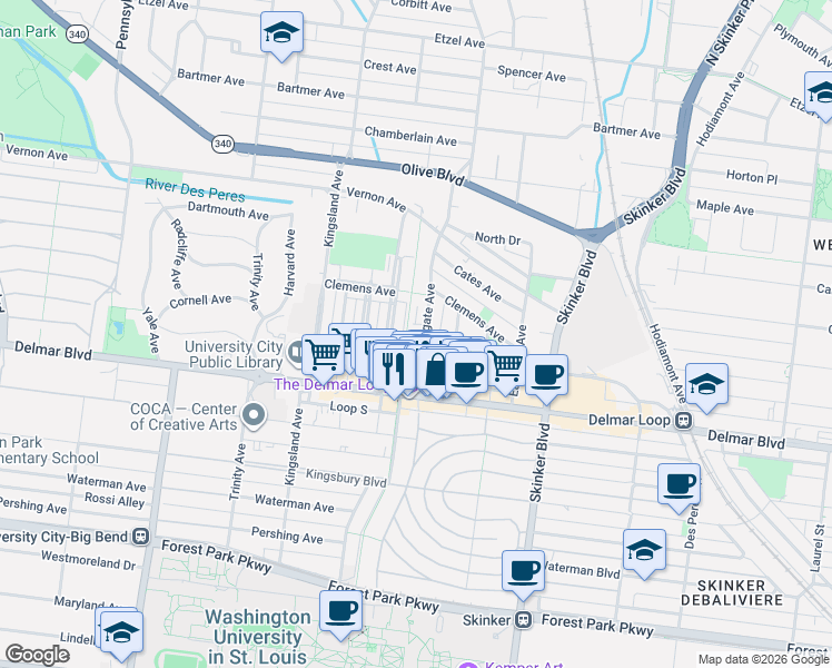 map of restaurants, bars, coffee shops, grocery stores, and more near 735 Westgate Avenue in University City