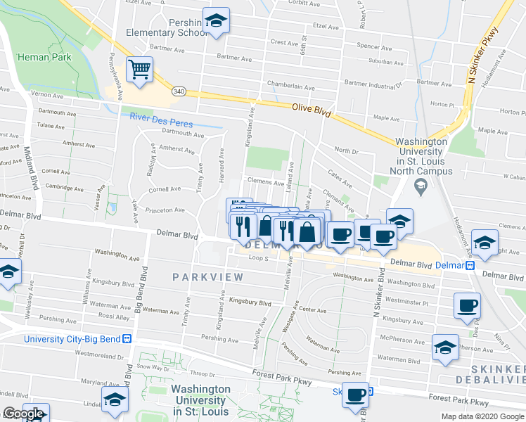 map of restaurants, bars, coffee shops, grocery stores, and more near 734 Syracuse Avenue in University City